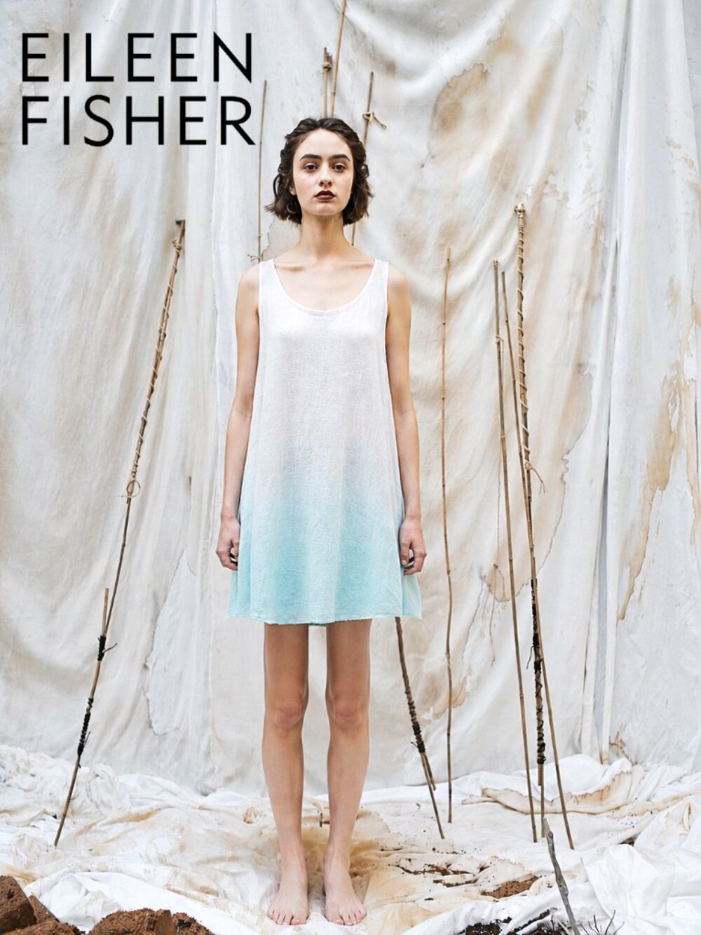 Eileen Fisher Linen Gauze Dress Aqua Blue Ombre A Line Layered Slip Included P
